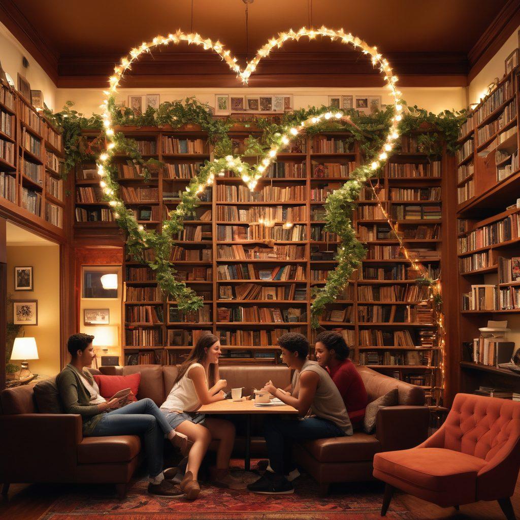 A vibrant collage depicting diverse college students engaging in various intimate moments, from casual hookups to deep conversations, surrounded by iconic college settings like libraries, cafes, and dorms. Include elements that symbolize growth and connection, such as intertwined vines and heart-shaped notes, showcasing the journey from superficial interactions to meaningful relationships. super-realistic. vibrant colors. warm lighting.