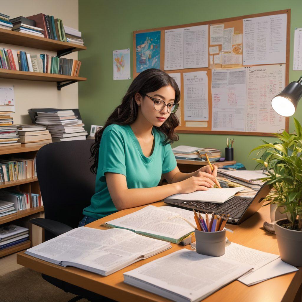 A vibrant scene of a modern college student sitting at a cluttered desk filled with textbooks, a laptop displaying inclusive sexual wellness resources, and colorful hentai art posters on the wall. The student, diverse in appearance, looks engaged and curious as they take notes. Surrounding them are symbols of wellness like plants and positive affirmations. The atmosphere is inviting and educational. super-realistic. vibrant colors. cozy ambiance.