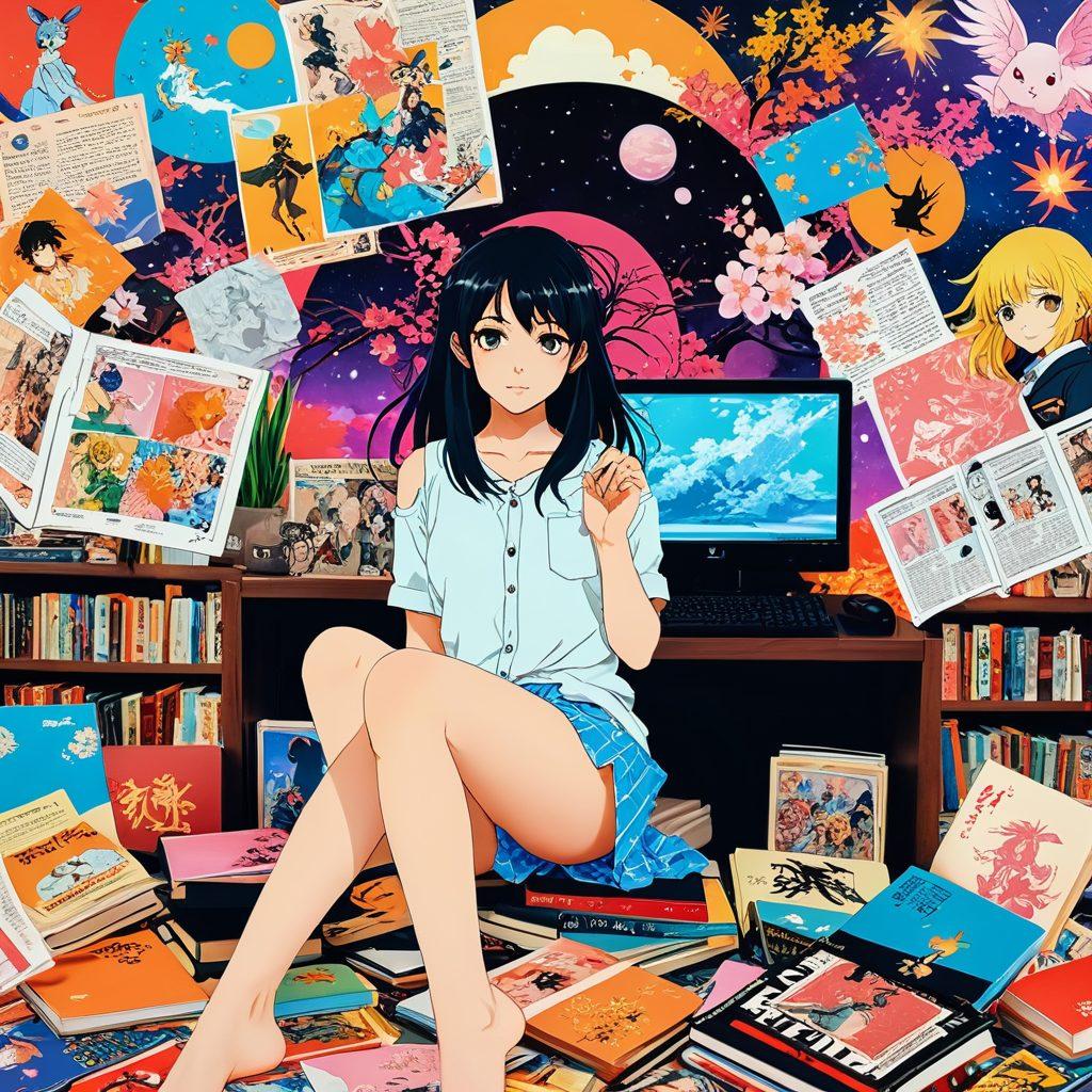 A captivating collage showcasing various hentai genres, featuring colorful and imaginative characters in dynamic poses. Include elements like manga panels, iconic symbols, and cultural references to Japan's anime style, all set against a dreamy and whimsical background. Incorporate subtle hints of resource books and a computer screen displaying hentai websites to emphasize exploration. retro anime style. vibrant colors. fantasy theme.